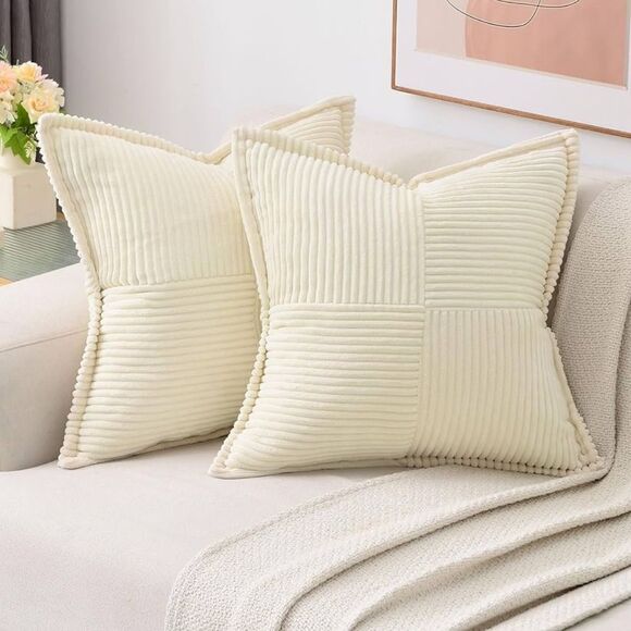 Throw Pillow Covers 14x14 Inch Set of 2,Soft Solid Corduroy Striped/Wide - Picture 1 of 4